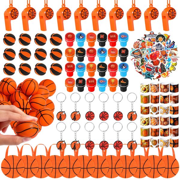 Aoriher 158 Pcs Basketball Party Favors Set Bulk Sport Non Woven Gift Bags Slap Bracelets Mini Bouncy Balls Toy Whistle Keychains Sticker Stampers for Sport Party Supplies(Basketball)