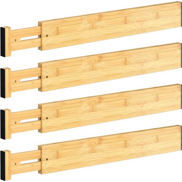 4 PCS Drawer Divider, 17"-22" Adjustable Bamboo Drawer Dividers Organizers, E...