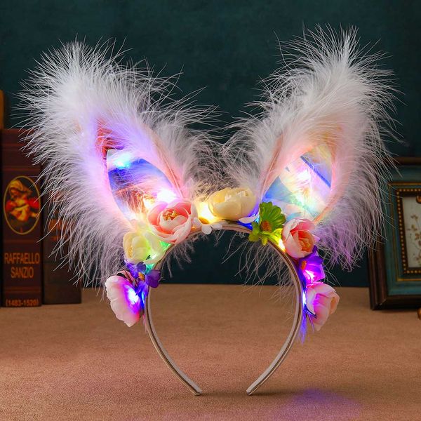 Yean Light Up Rabbit Ears Fairy Headband Woodland Floral Bunny Ear Headwear Feather Costume Christmas Party Headdress for Women and Girls