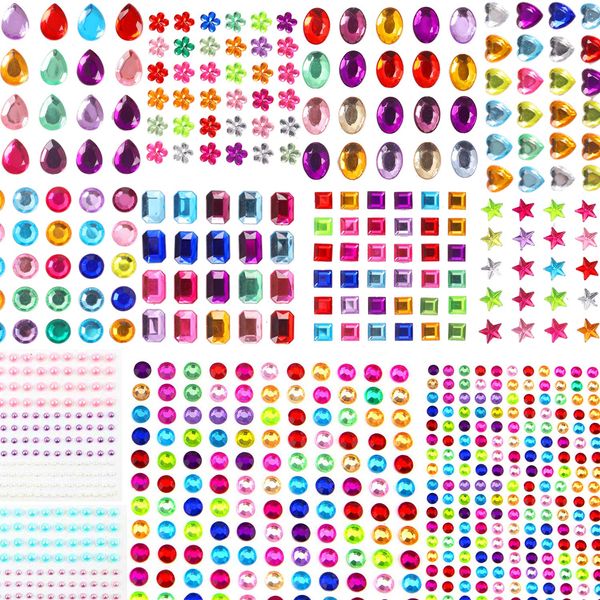 Self-Adhesive Rhinestone Stickers, Hoiny 1782pcs Self Adhesive Acrylic Stick-on Crystal Gem Sheets, Various Shapes Multicoloured Crystal Gemstone for Gluing, 14 Sheets