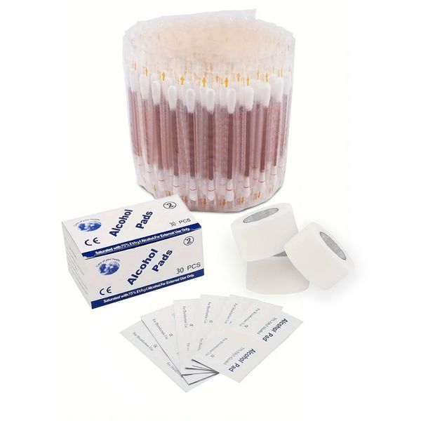 100PCS Iodine Cotton Swab Disposable Medical Cotton Stick for Emergency Medical Wound Care + 30PCS Alcohol Wipe Pads for Skin Desinfection +3x500cm Surgical Skin Tape. First Aid Kit.