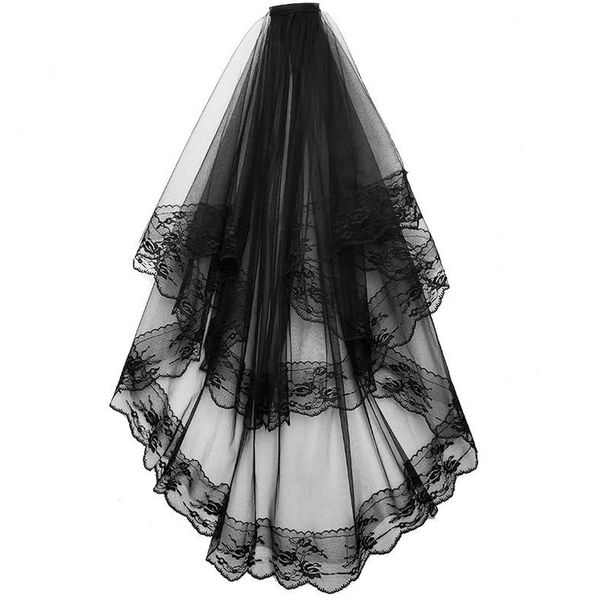 CICILIAYA Bridal Veil Black Lace Veil Wedding Vintage Veil Halloween Tulle 2 Tiers Costume Cosplay with Iron Comb (Black Lace)