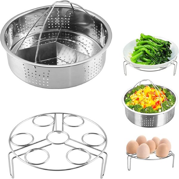 Trintion 3Pcs Steamer Basket Rack Set Stainless Steel Trio Separator Set Durable Pressure Cooker Accessories Steam Basket with Egg Steamer Rack Divider for Pressure Cooker Instant Pot