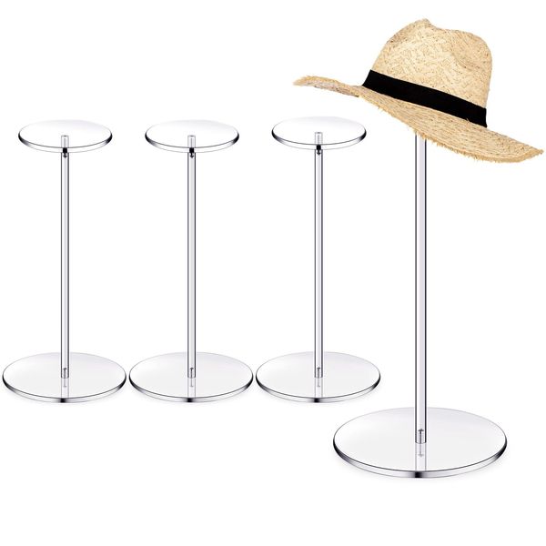 Chunful 4 Sets Acrylic Hat Stand Wig Display Rack Clear Pedestal Stand Baseball Hat Rack Stand Square Round Acrylic Risers for Display Hat Watch Jewelry(Round Style, 12 Inch)