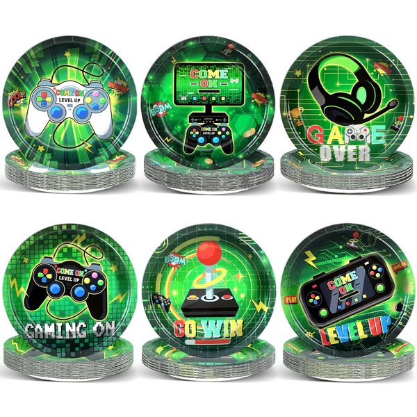 Naozinebi 60Pcs Video Game Party Plates Gaming Party Tableware Set 7Inch Green Game On Theme Party Decoration Gamer Disposable Dinnerware for Boy Gaming Video Game Game On Birthday Party Supplies