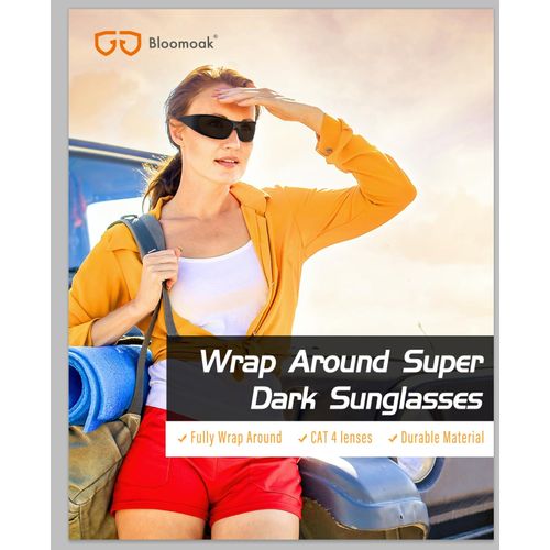 Bloomoak Super Dark CAT-4 Sunglasses - UV400 Polarised - Maximum Glare Protection - For Migraines, Light Sensitivity, Surgical & Outdoor Use, Black / Dark (95% Light Blocking)