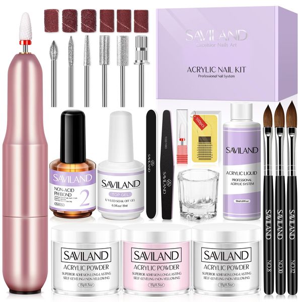 Saviland Acrylic Nail Kits Full Set for Beginners: Acrylic Nail Kit with Acrylic Powder Acryllic Liquid Nail Drill Nail Brush Top Coat & Non-acid PH Bond, Acrylic Nail Set, DIY Acrylic Nails Nail Art