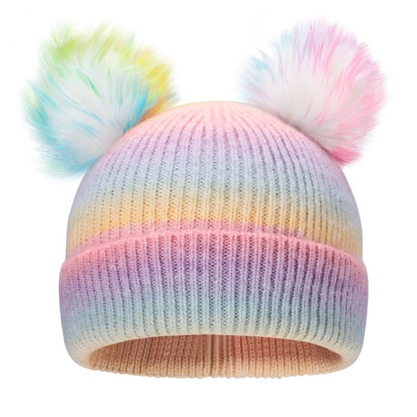 ACTLATI Kids Winter Knitted Beanie Hat Colorful Pompom Ears Ski Hat for Boy Girl(Ages 7-12)