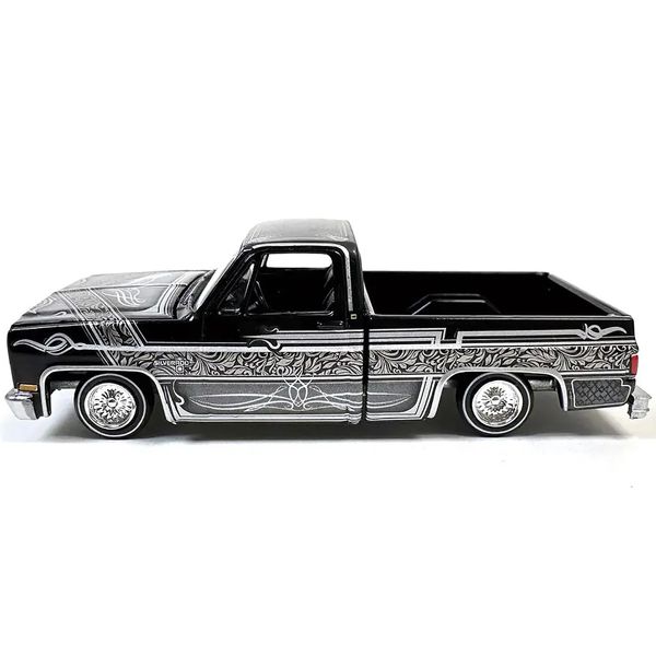 Auto World 1983 Chevrolet Silverado Pickup Truck Black with Silver Graphics Lowriders Series Limited Edition to 3600 Pieces Worldwide 1/64 Diecast Model Car