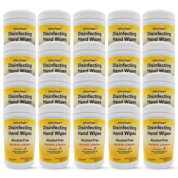 Wet Hand Wipes -20 Pack, Fresh Lemon Scent, Alcohol-Free, Gentle on Hands, Moisturizes with Aloe + Vitamin E, Easy Access Canisters, 2000 wipes (100Ct x 20)