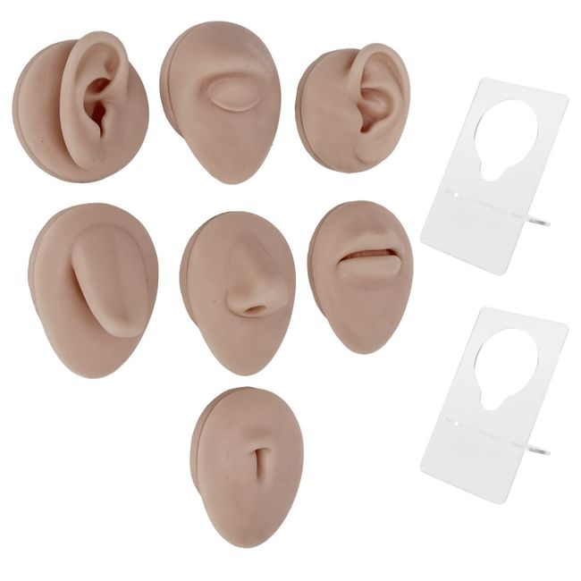 JTLB Body Piercing Kits, Silicone Piercing Body Model Soft Silicone Ear Mouth Nose Eye Tongue Navel Model with Display Rack for Piercing Practice (Dark Skin Color)