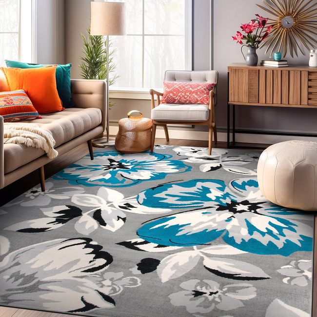 Rugshop Area Rug Modern Floral Design Carpet Rugs for Dining Room Blue Rugs 6x9