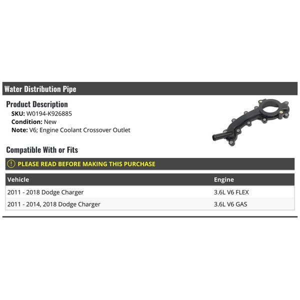 Water Distribution Pipe - Engine Coolant Crossover Outlet - Compatible with 2011-2018 Dodge Charger 3.6L V6