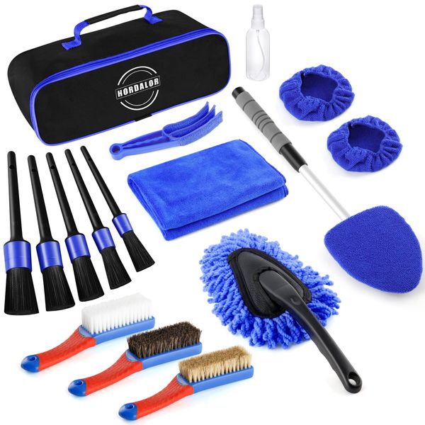 HORDALOR 17Pcs Car Interior Detailing Kit with Windshield Cleaning Tool, Detailing Brush Set, Leather & Textile Car Interior Brush,Car Duster, Car Interior Cleaning Kit,Complete Car Interior Care Kit