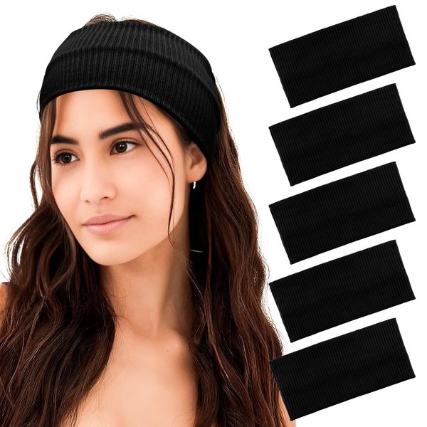 FASOTY Black Headbands for Women Wide Soft Elastic Boho Head Bands Thick Hair Bands Turban Fashion Workout Yoga Head Wrap Headbands Hair Accessories, 5 Pack