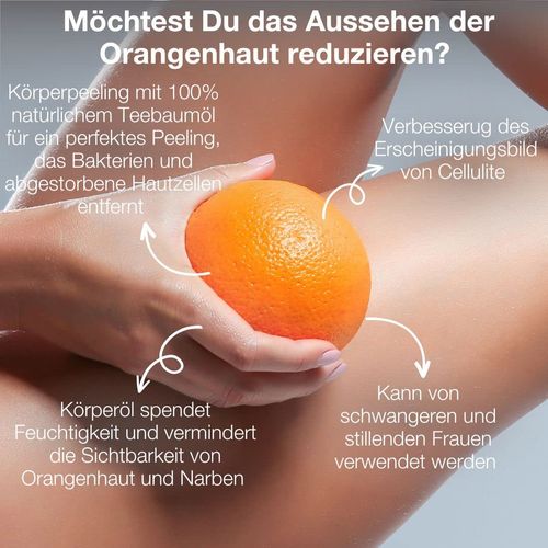 2 Products to Improve the Appearance of Cellulite: Body Scrub 200ml with 100% Natural Tea Tree Oil and Body Oil 150ml Which Reduces the Visibility of Cellulite | Dermatologically Tested