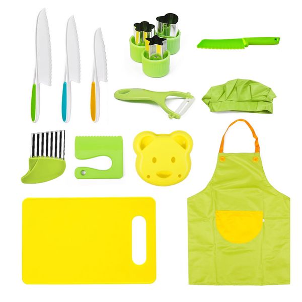 ANVOYRD Montessori Kitchen Tools for Toddlers Cooking, Wooden Kids Kitchen Knife Set Include Plastic Toddler Safe Knives, Apron Set, Cutting Board, Sandwich Cutter, Y Peeler, Crinkle Cutter