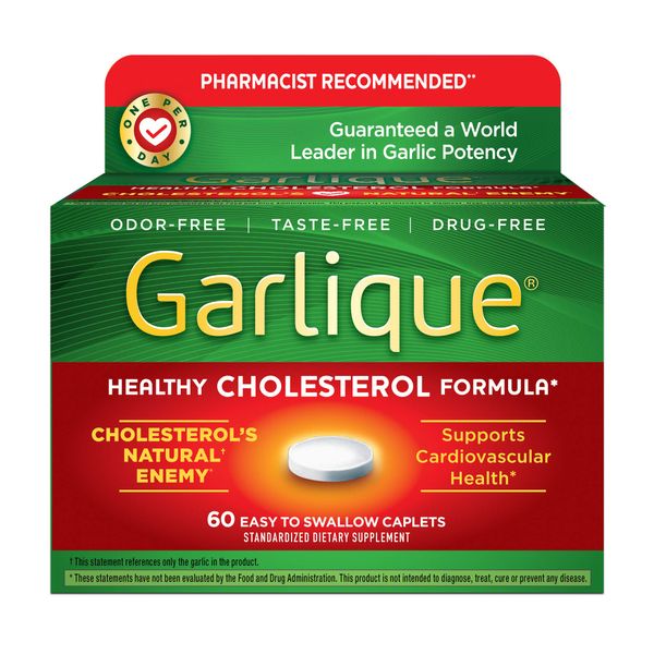 Garlique Garlic Extract Supplement, Healthy Cholesterol Formula, Odorless & Vegan, 60 Caplets