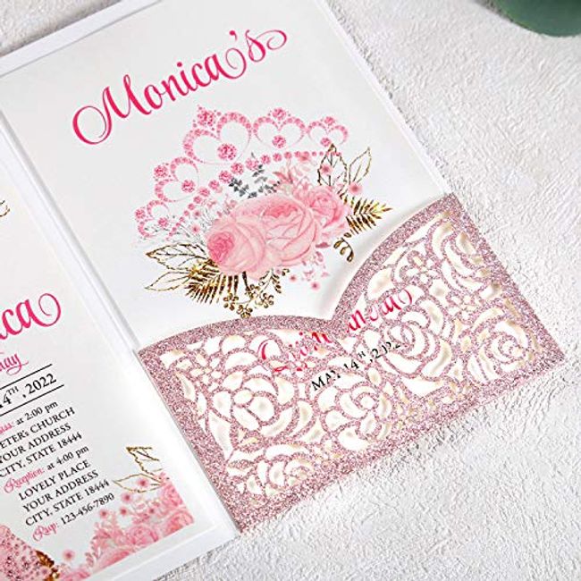 DreamBuilt 4.7 X7 inch 50pcs Blank Pink Quinceanera Invitations Kit Laser Cut Hollow Rose Pocket Quinceanera Invitation Cards with Envelopes for