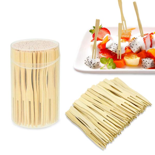 Bamboo Forks 3.5 Inches Disposable Mini Food Picks Double Prong Fruit Cocktail Forks Blunt-end Forks for Appetizer, Cocktail, Fruit, Pastry, Dessert (110 Pcs)