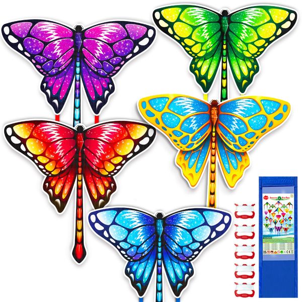 Hymaz 5 Pack Butterfly Kites- Flying Toys| Beach Toys| Outdoor Toys- Easy to Fly Kite for Kids Ages 3-5 4-8 & Adults Party Favor Games, Flying Kite Toys for Boys Girls Age 3 4 5 6 7 8+ Birthday Gifts