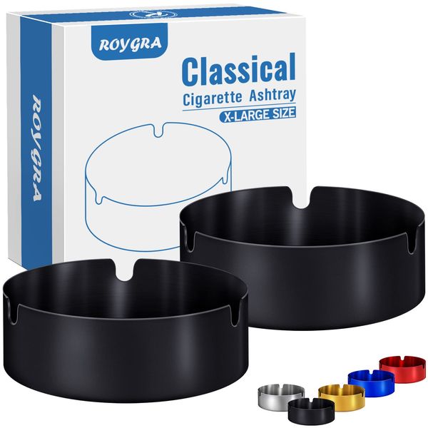 roygra Ashtray 2 Pack, Metal Ashtray - Black, X-Large Size (4.73 x 4.73 x 1.38’’)