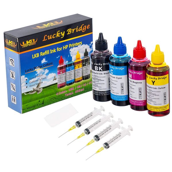 LKB Refill Ink Kit 4x100 ml für HP 950 951 60 61 952 902 901 61 60 62 63 21 22 920 940 934 564 932 933 711 970 971 92 94 95 96 97 Kartusche oder CIS CISS System 4 Farbset (400 ml) -DE