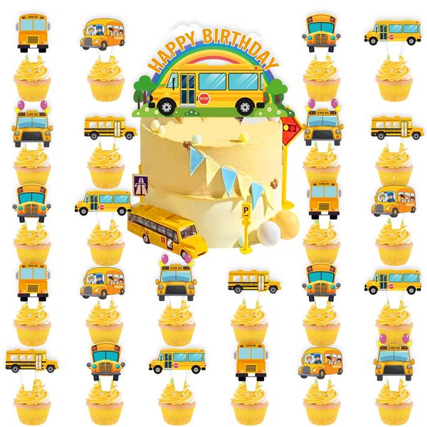 25pcs School Bus Birthday Party Supplies, School Bus Cupcake Toppers Decoration, Back to School Happy Birthday Cupcake Toppers Decorations, Boys and Girls Kindergarten Decorations (School Bus)