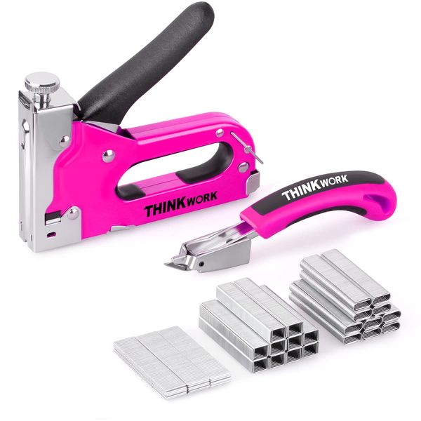 THINKWORK Heavy Duty Staple Gun, 3 in 1 Pink Staple Gun for Upholstery with 900 Staples, Nail Gun for Wood, Cable, Fabric, Wall, Material Repair, DIY Manual Stapler