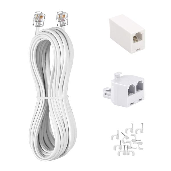 KINXIYU Phone Cord 15FT, Landline Telephone Cable with RJ11 Plug, Includes Telephone Inline Coupler RJ11 Splitter and 10pcs Cable Clips(White)