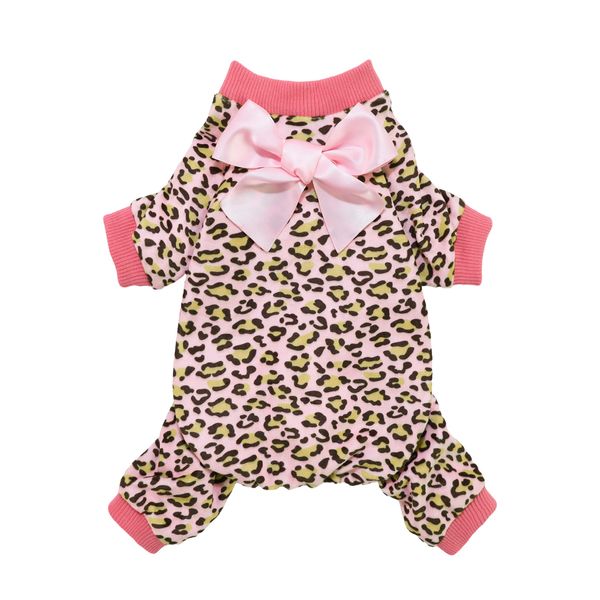 Fitwarm Leopard Dog Pajamas, Fleece Dog Clothes for Small Dogs Girl with Legs, Pet Onesie, Cat Outfit, Pink, XL