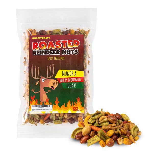 Roasted Reindeer Nuts Spicy Trail Mix - Funny holiday reindeer design - Edible gifts for Men - Spicy snack mix, Made in the USA