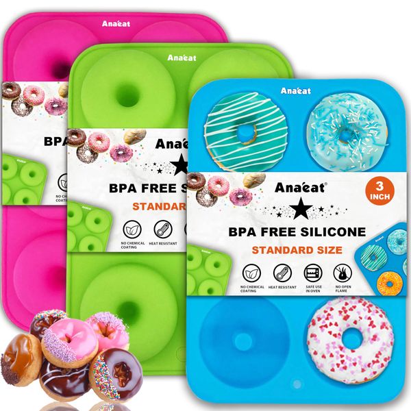 Anaeat 3 Pack Donut Pan Silicone Baking Mold, Just Pop Out! Non-Stick Doughnuts Baking Pans BPA Free for 6 Full-Size Donuts, Muffin, Cake Biscuit Bagels - Oven & Dishwasher Safe