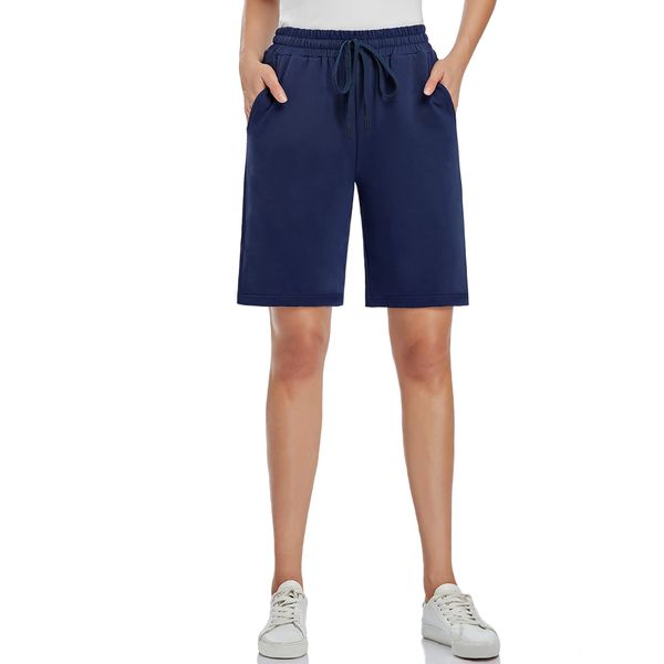 MOVE BEYOND Damen Bermuda Shorts 3 Taschen Sport Yoga Fitnessstudio Kurze Hose mit Kordelzug Lounge Schlafshorts, Blau, L