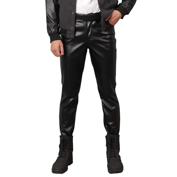 Panegy Herren Leder Motorrad Hose Kunstleder Hosen Männer Stretch Enge Bleistift Hose für Bühnen Friseursalon Bar