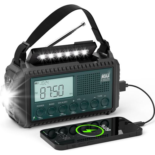 Emergency NOAA Weather Radio, Hand Crank Solar AM/FM/SW Shortwave Radio for Survival With Camping Flashlight, Reading Lamp, Phone Charger, SOS Alarm, Clock, LCD Display