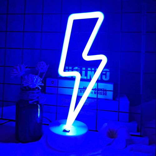 VIFULIN Lightning Bolt Neon Signs Lightning Neon Sign with Base for Bedroom LED Lighting for Room Decor for Teen Girls Gifts for Teenager Boys USB/Battery Cool Gaming Light with Holder(Blue)