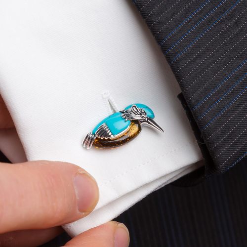 HENRYKA 925 Sterling Silver Kingfisher Bird Cufflinks | Baltic Amber & Turquoise Men Cufflinks | Fathers Day Gift Idea