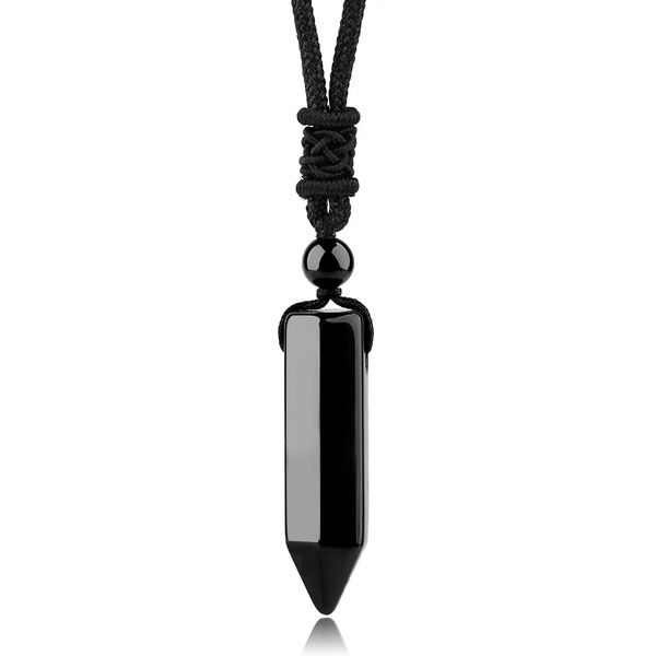 TIKCAUZ Hexagonal Crystal Points Pendant Necklace Black Obsidian Healing Stone Necklace Adjustable Rope Reiki Gemstone Necklace Handmade Jewelry for Men Women