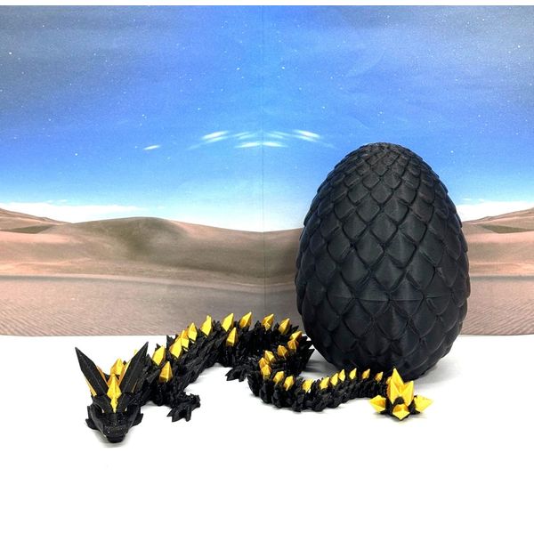 3D Printed Dragon, Black and Gold Articulated Crystal Dragon with Dragon Egg, Home Office Decor Executive Desk Toys, Fidget ADHD Toy for Autism/ADHD - D065