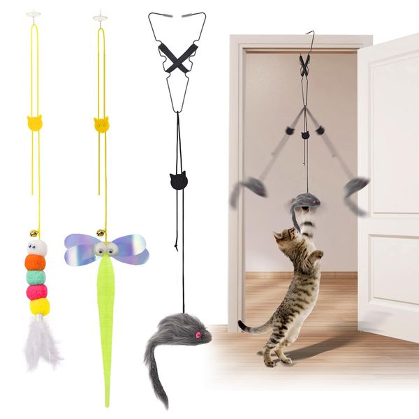 CAPHONT Hanging Interactive Cat Toy for Indoor Cats, 3 Pack Retractable Cat Feather Toy Kitten Toys with Bell/Elastic Rope/Adjustable Buckle for Play Chase Exercise Teaser