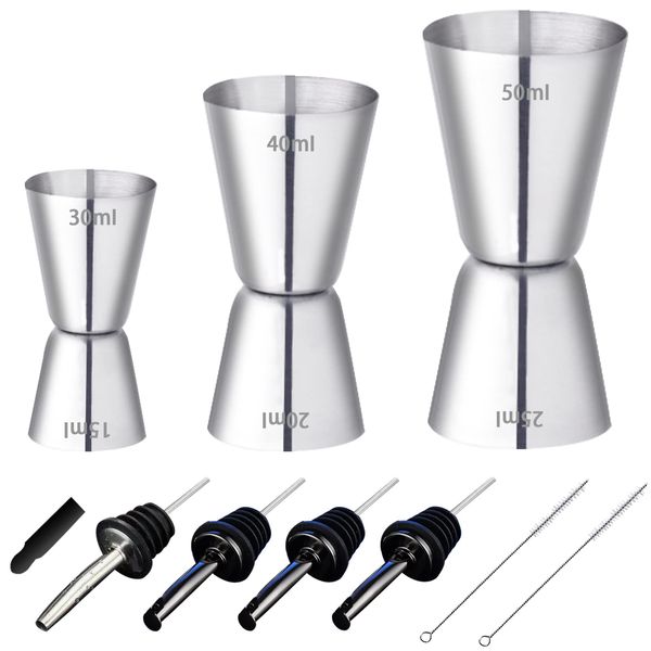 RUIJIE 3 Stück Cocktail Messbecher Edelstahl Barmaß 3cl/4cl/5cl Klein Jigger mit Innenskalierung Dual Gin Measuring Cups mit 4 Flaschenausgießer & 2 Bürste Doppelmaß für Bar Party Wein Drink Shaker