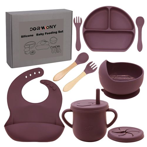 Dormlony 100% Silicone Baby Feeding Set,BPA Free Baby Dishes Set with Suction Bowl Divided Plate,Toddler Self Feeding Dish Set with Spoons Forks Sippy Cup and Bib, Baby Eating Utensils(Dark Red)