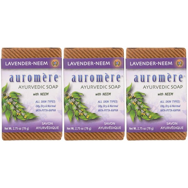 Auromere Ayurvedic Bar Soap, Lavender Neem - Eco Friendly, Handmade, Vegan, Cruelty Free, Natural, Non GMO (2.75 oz), 3 pack