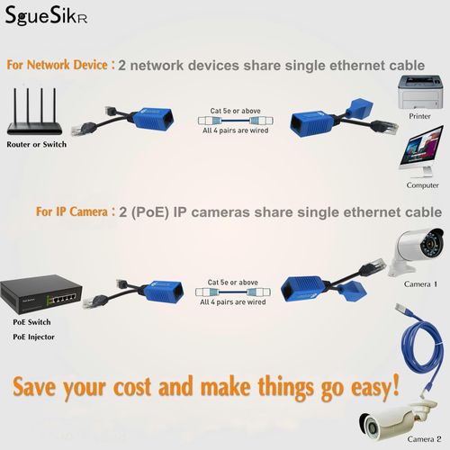 SGUESIKR 8 Pair PoE Ethernet Splitter, 2-in-1 Cat5 Combiner, RJ45 Cable Sharing Kits for 16 Security IP Cameras NVR Surveillance System and More