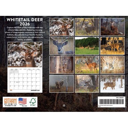 Whitetail Deer Calendar 2026 White Tail Hunting Monthly Wall Calender 12 Month | American Made In The USA