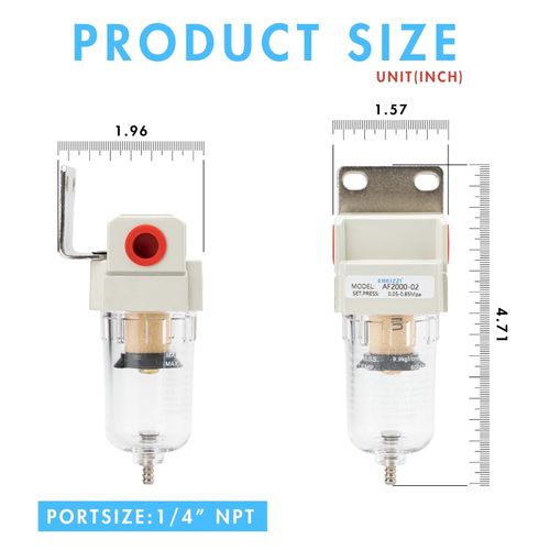 EBEIZZI 1/4" NPT Air Dryer for Compressor | Compressed Air Line Filter | 5 Micron Brass Element|Bracket, Poly Bowl, 145 psI