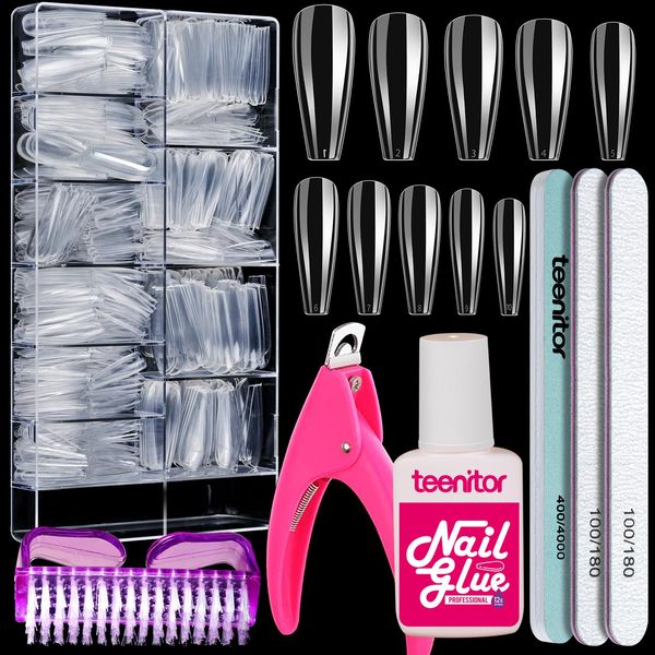 Teenitor Clear Coffin Nail Tips Set, Long Acrylic Nail Tip Full Cover Clear Press On Nails, 600pcs Ballerina False Nails Tips With Nail Glue, Acrylic Nail Clipper Files And Buffer Polisher