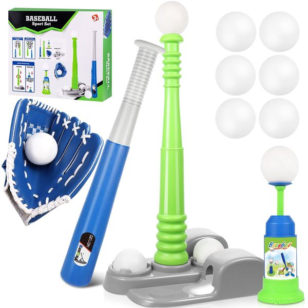 DZLION T Ball Set for Kids 3-5 5-8, Toddler Baseball Tee Ball Set for Boys Tball Set with 6 Balls, Batting Tee, Baseball Bat, Pitching Machine, Glove T Ball Stand Outdoor Baseball Toys