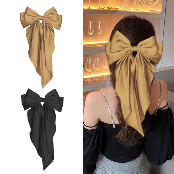 2Pcs Big Bow Hair Clips, Long Tail French Hair Bows for Women Girls, Satin Silky Bow Hair Barrette, Bow Up Accessories for Holiday day,Daily Use (Champagne Gold and Black)